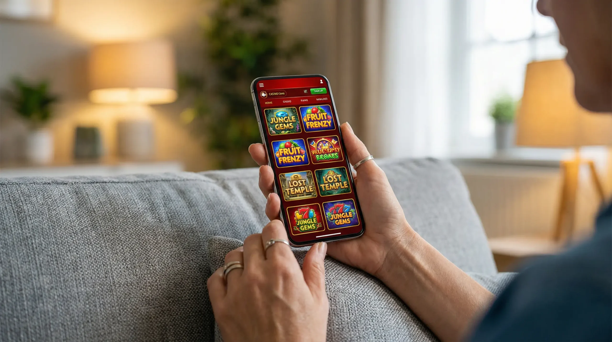 Hands holding a smartphone displaying a casino game lobby with colourful slot game thumbnails in a well-lit setting