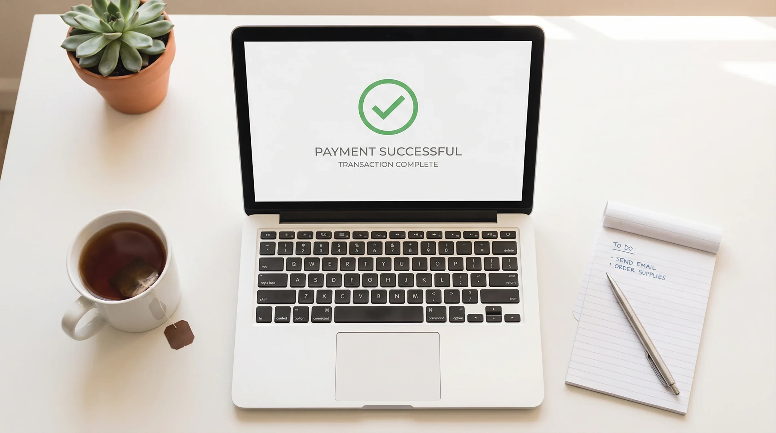 Laptop on a desk showing a payment confirmation screen with a green checkmark, next to a cup of tea and a notepad