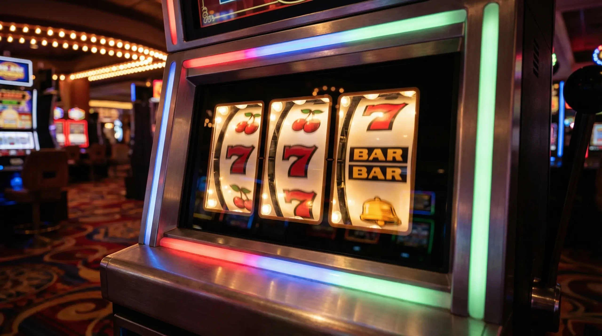 Close-up of a brightly lit slot machine display showing spinning reels with fruit and gem symbols in a casino environment