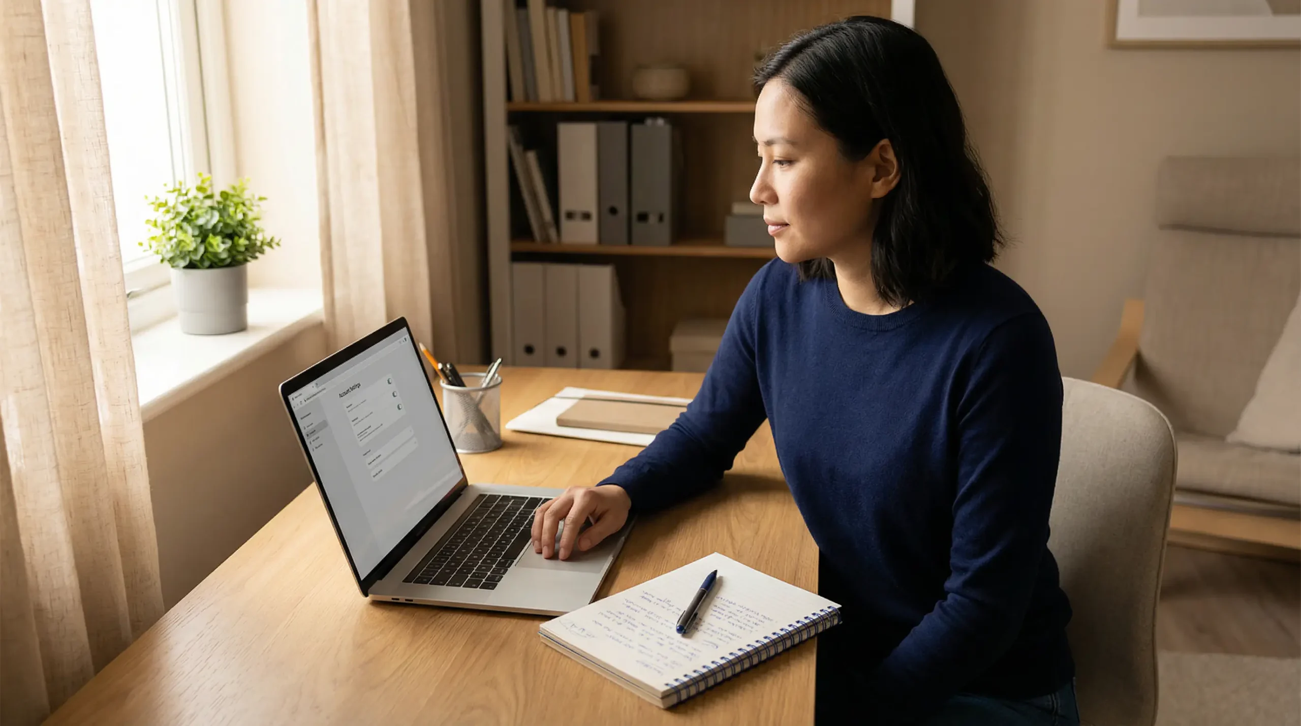 Person sitting calmly at a desk with a laptop showing account settings, a notebook with handwritten notes beside them