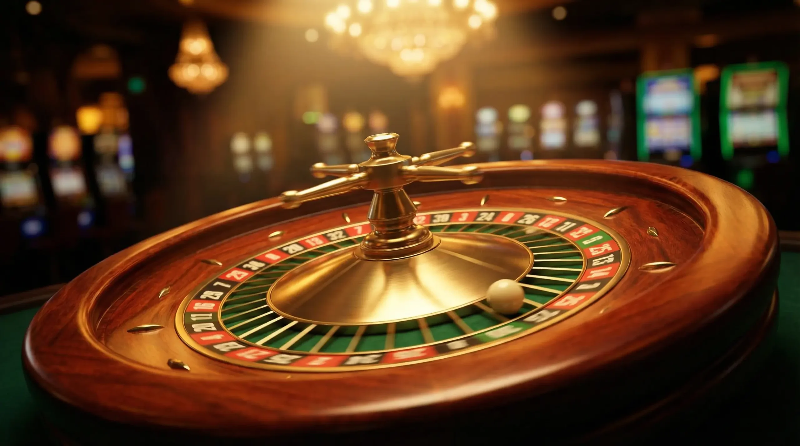 Close-up of a casino roulette wheel with a ball landing on a green number under warm overhead lighting
