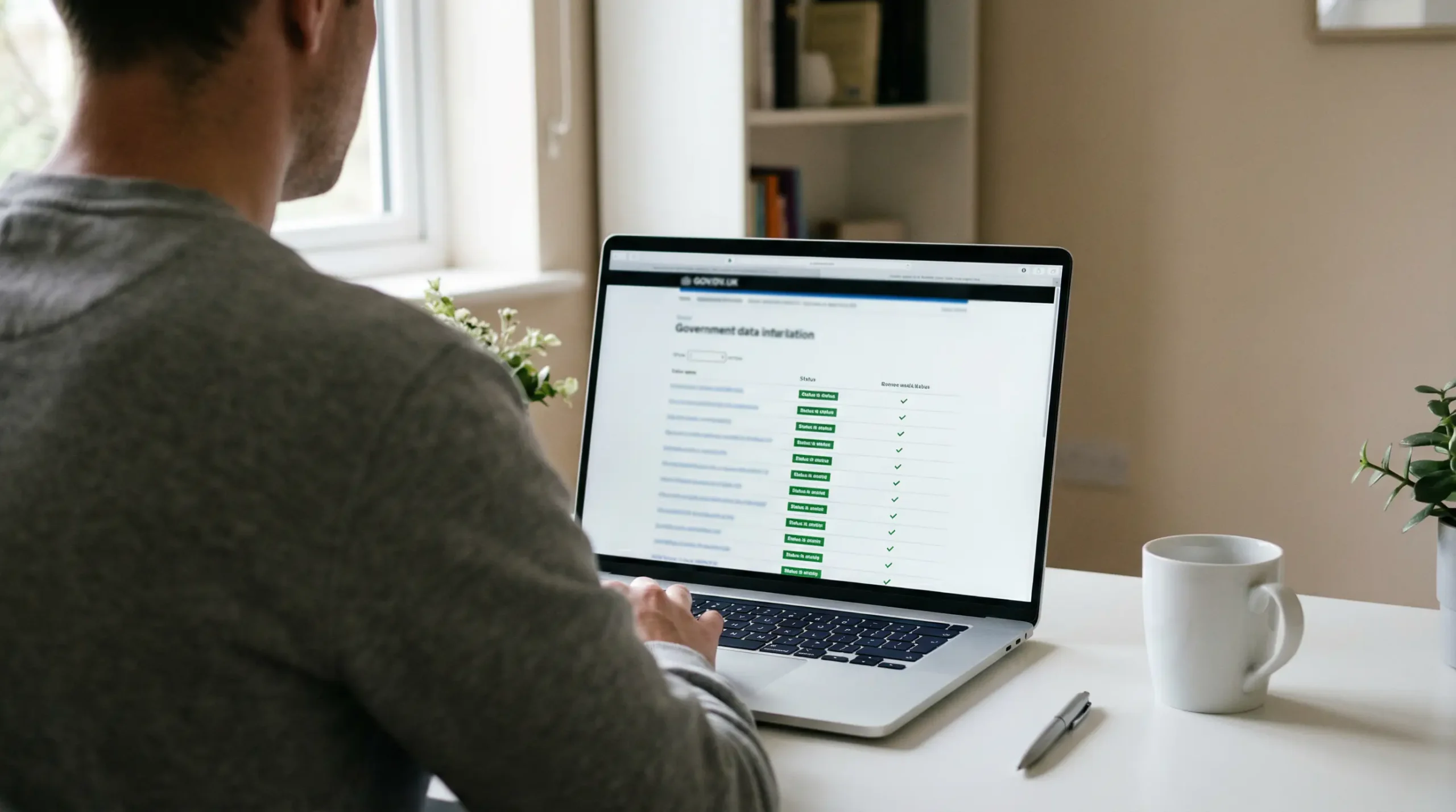 Person reviewing a laptop screen showing a government licensing register with green approval indicators