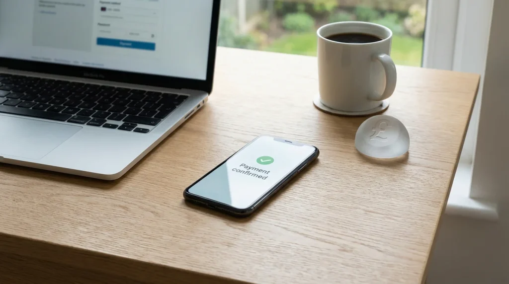 Smartphone showing a payment confirmation screen next to a laptop on a clean desk