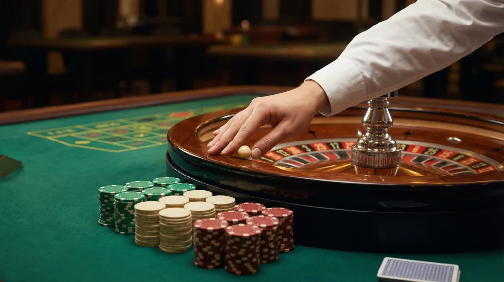Live dealer roulette table with cards and chips under studio lighting