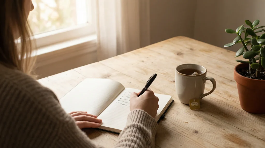 Person writing in a notebook with a cup of tea, planning session limits in a calm setting