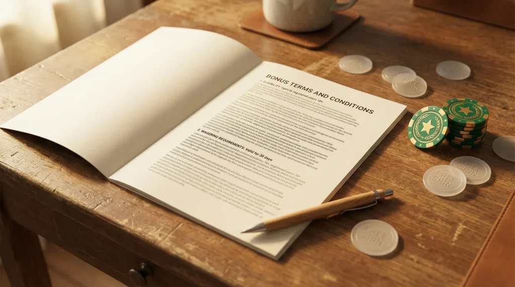 UK casino bonus documents and free spins tokens on a desk under warm light