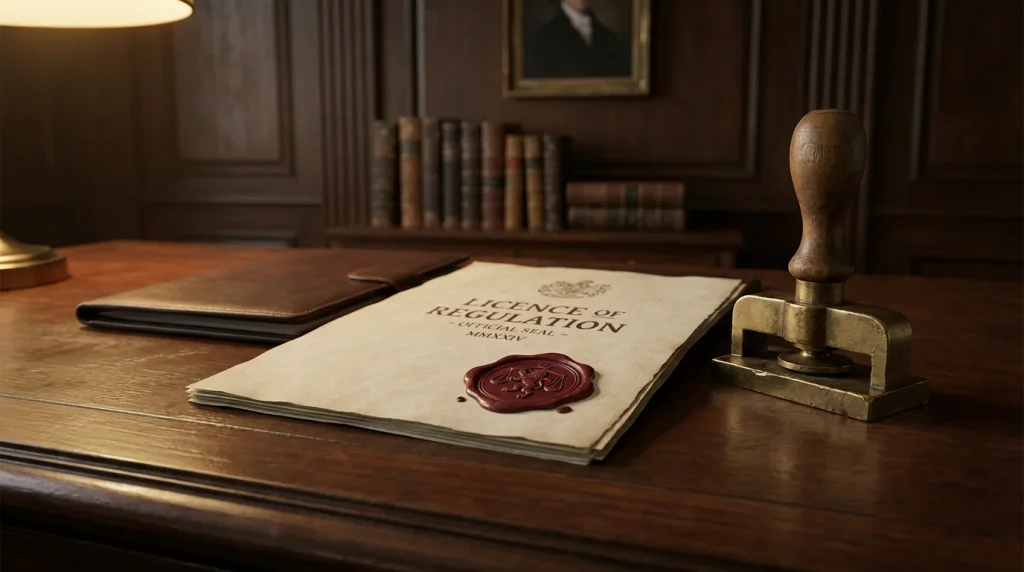 Official regulatory document with a seal stamp on a wooden desk under natural light